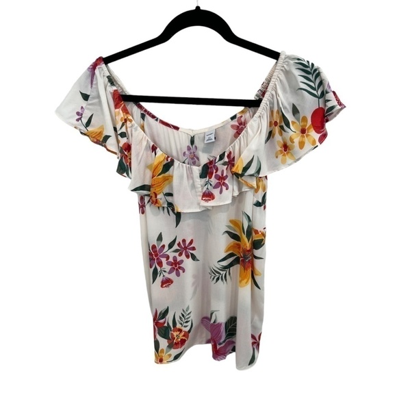 Old Navy Tops - Old Navy Sleeveless Ruffle Neck Floral Top Hawaiian Print Pullover White XS